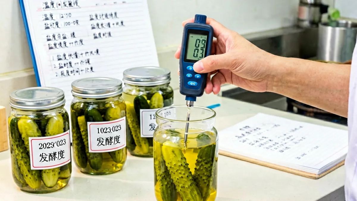 编辑团队成员在厨房操作台前，用盐度计测量腌黄瓜溶液的盐度数值，旁边摆放着标签清晰的玻璃罐和手写实验记录本